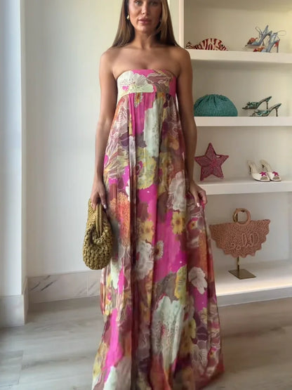 Floral Wedding Guest Strapless Maxi Dress for Women