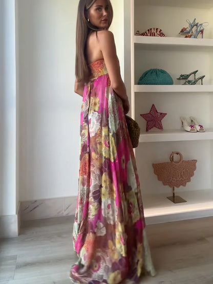 Floral Wedding Guest Strapless Maxi Dress for Women