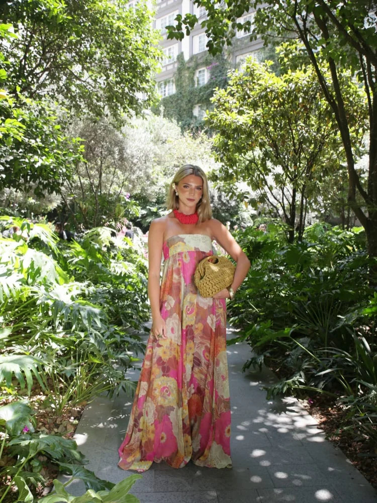 Floral Wedding Guest Strapless Maxi Dress for Women